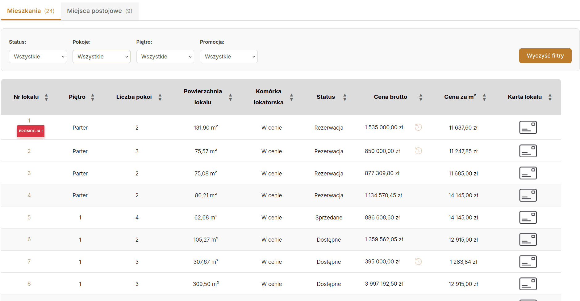 Demo tabeli cen mieszkań zgodnej z ustawą o jawności cen - filtry, sortowanie, statusy