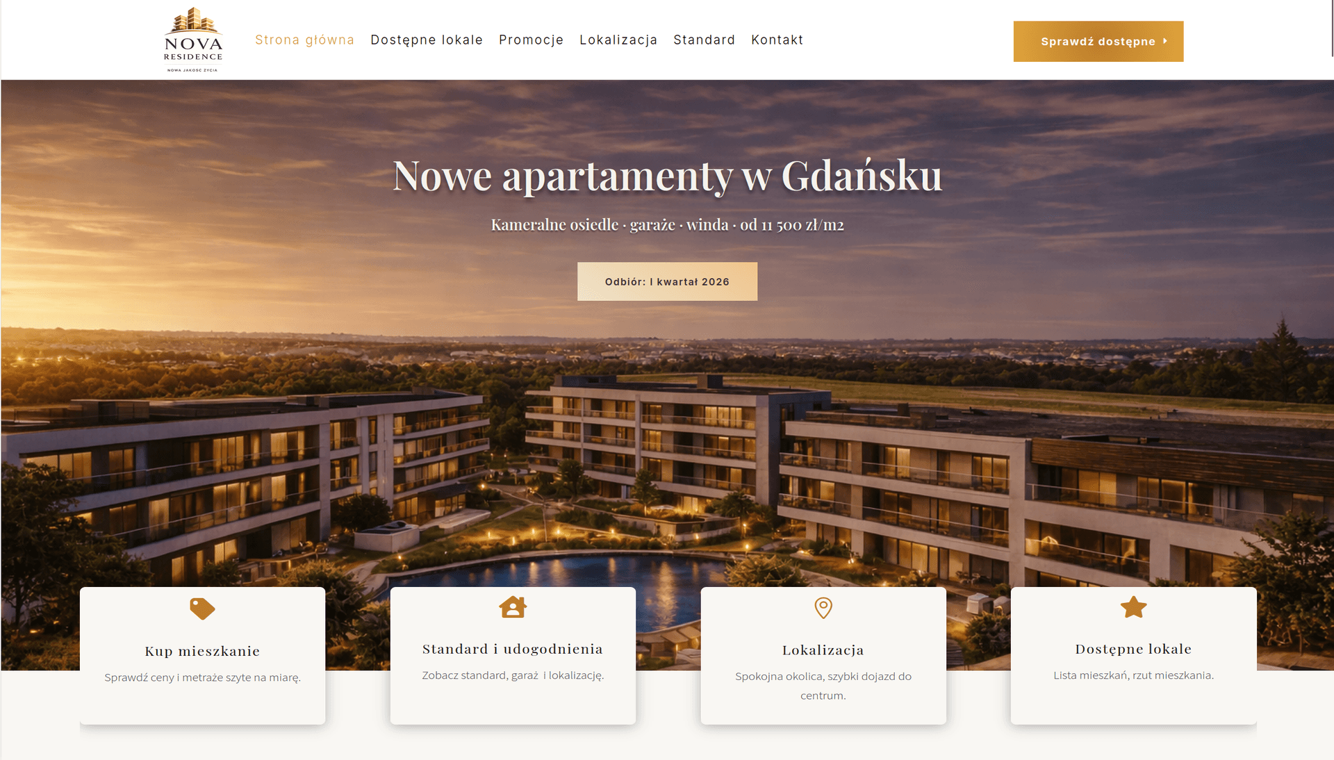 Demo strony dewelopera Nova Residence - strona główna zgodna z ustawą o jawności cen mieszkań