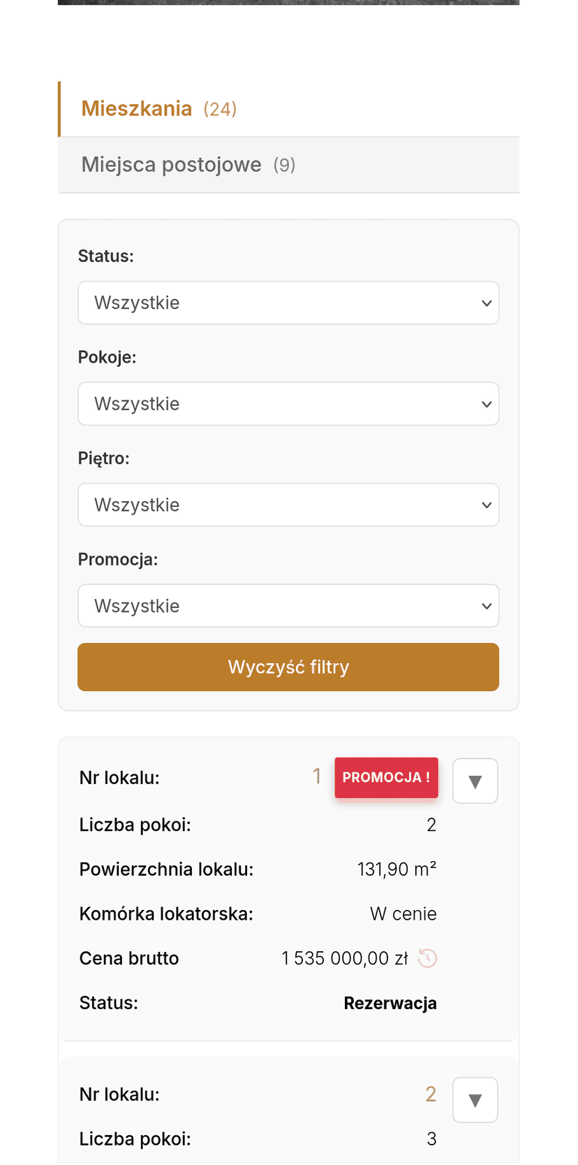 Przykładowa tabela cen mieszkań na urządzeniu mobilnym - strona dewelopera